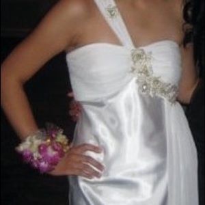 PROM DRESS/Evening Gown- White Satin with beading